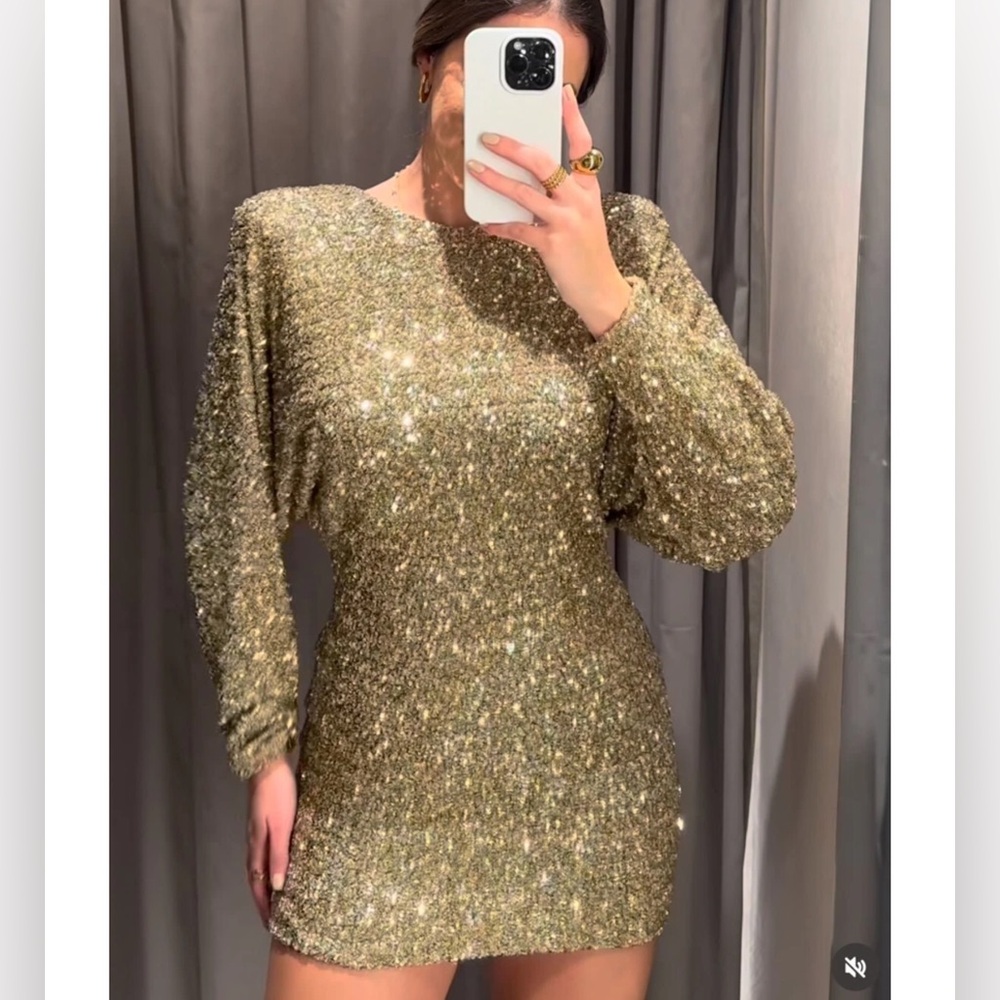 Zara Gold Sequin Long-Sleeve Dress